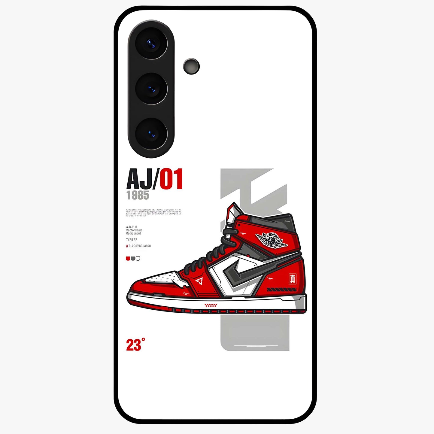 Retro Sneaker Blueprint Glass Case showing flat back view with sneaker blueprint style artwork and glossy glass finish.