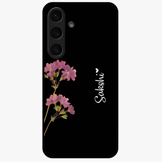 Riching Lavender Flower Custom Name Glass Case showing flat back view with lavender floral artwork and personalized name design.