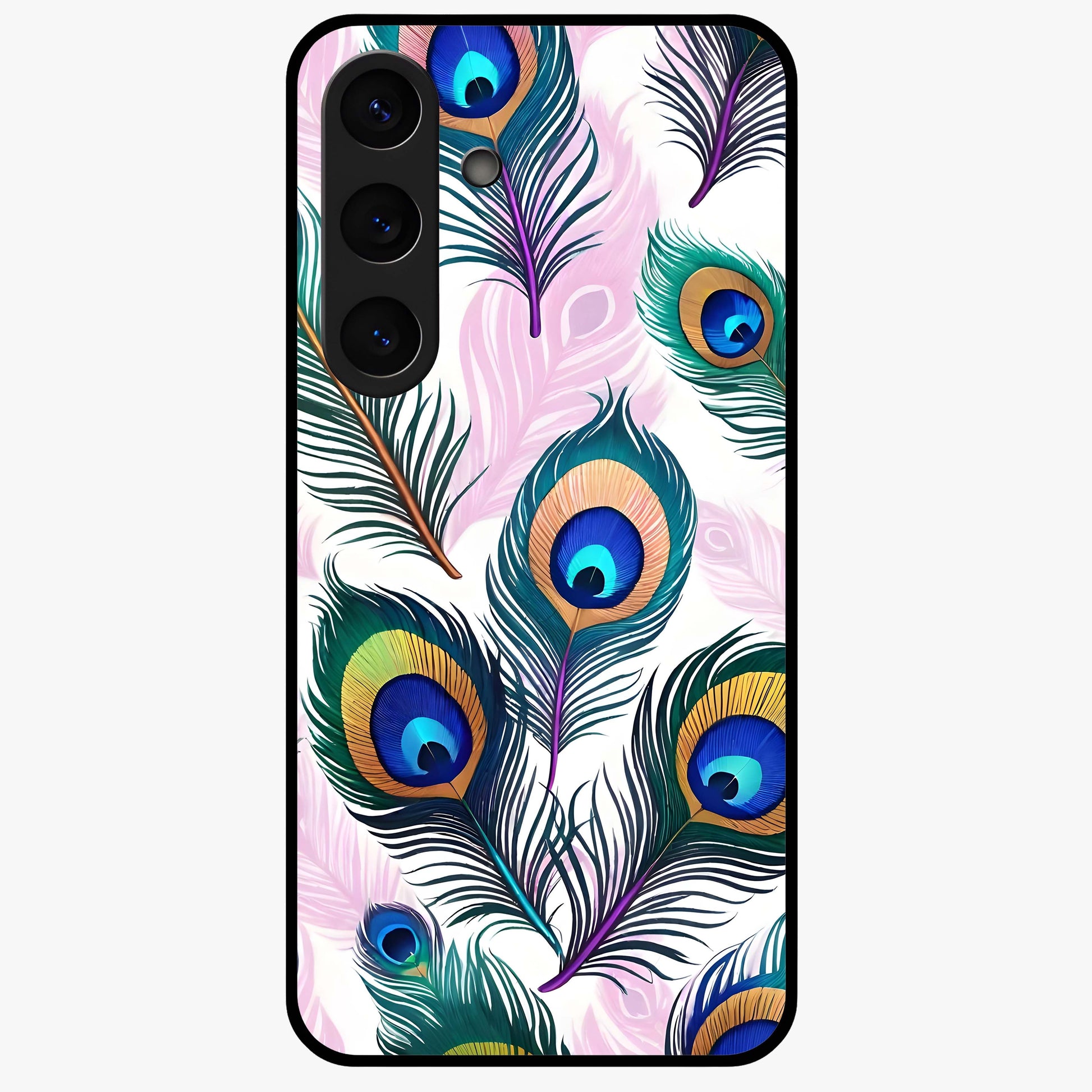 Royal Peacock Feathers Glass Case showing flat back view with colorful peacock feather artwork and glossy glass finish.