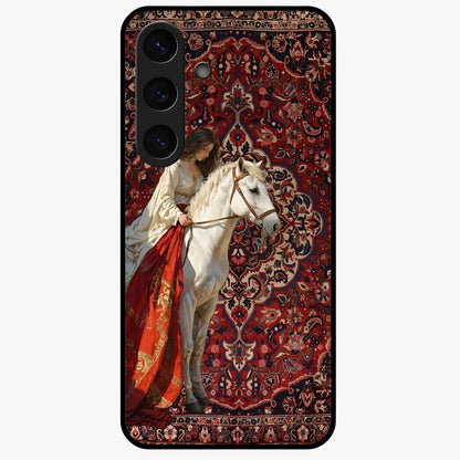 Royal Rider Tapestry Glass Case showing flat back view with majestic horse rider tapestry artwork and glossy glass finish.