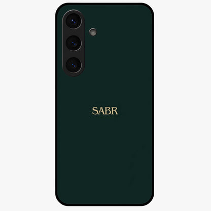 Sabr Minimal Patience Glass Case showing flat back view with minimalist typography artwork and glossy glass finish.