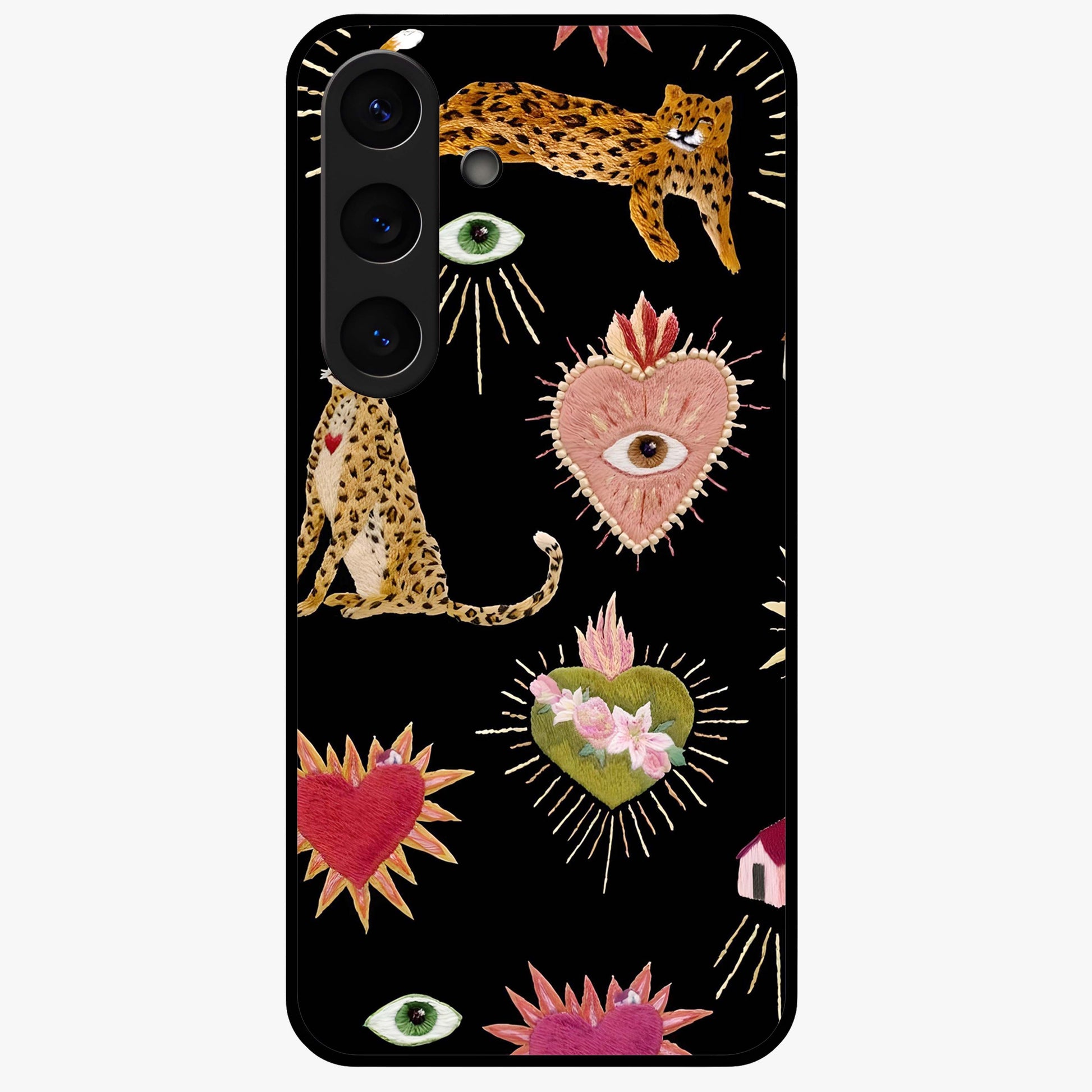 Sacred Jungle Heart Glass Case showing flat back view with jungle inspired heart artwork and glossy glass finish.