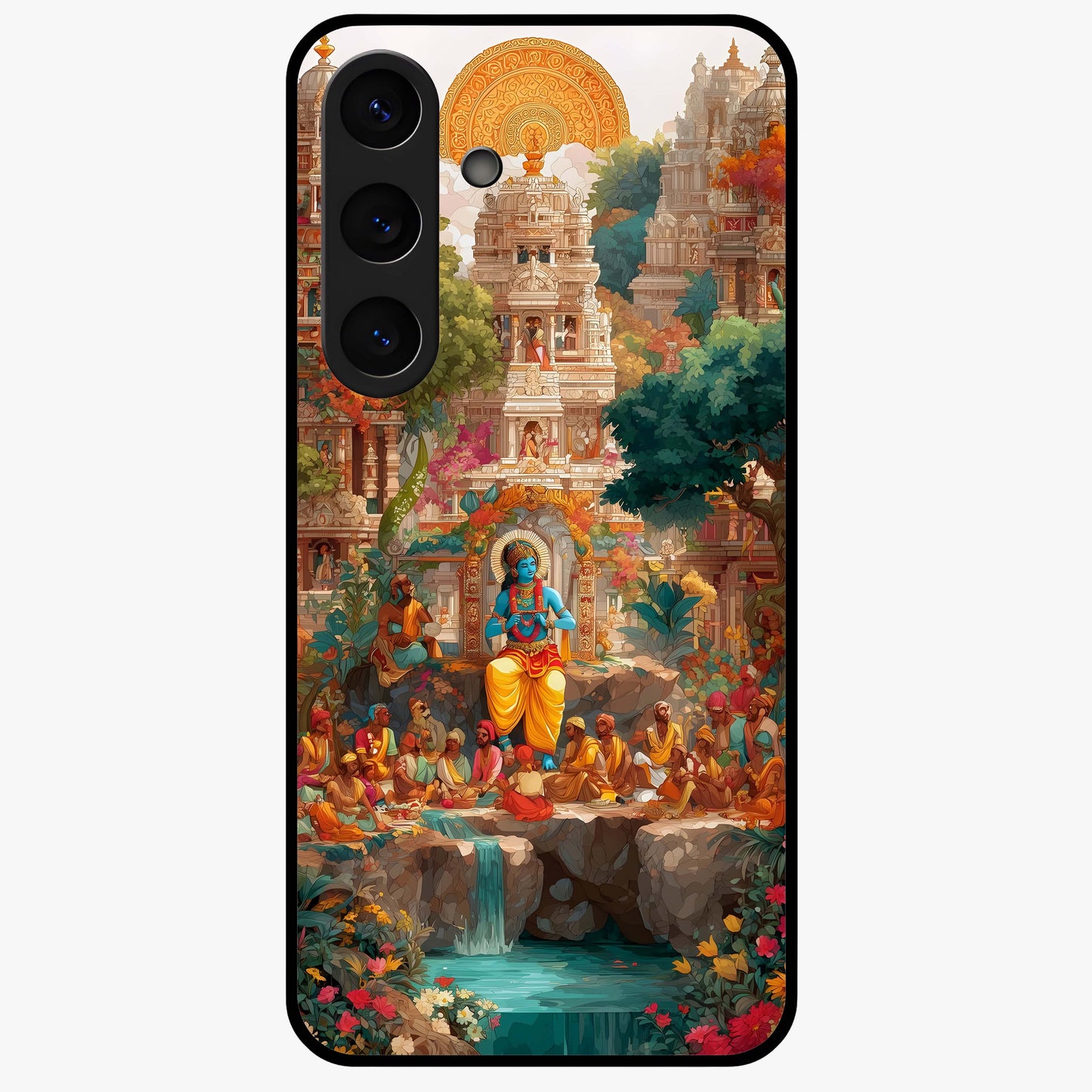 Sacred Sunlight Gods Glass Case showing flat back view with divine sunlight themed artwork and glossy glass finish.