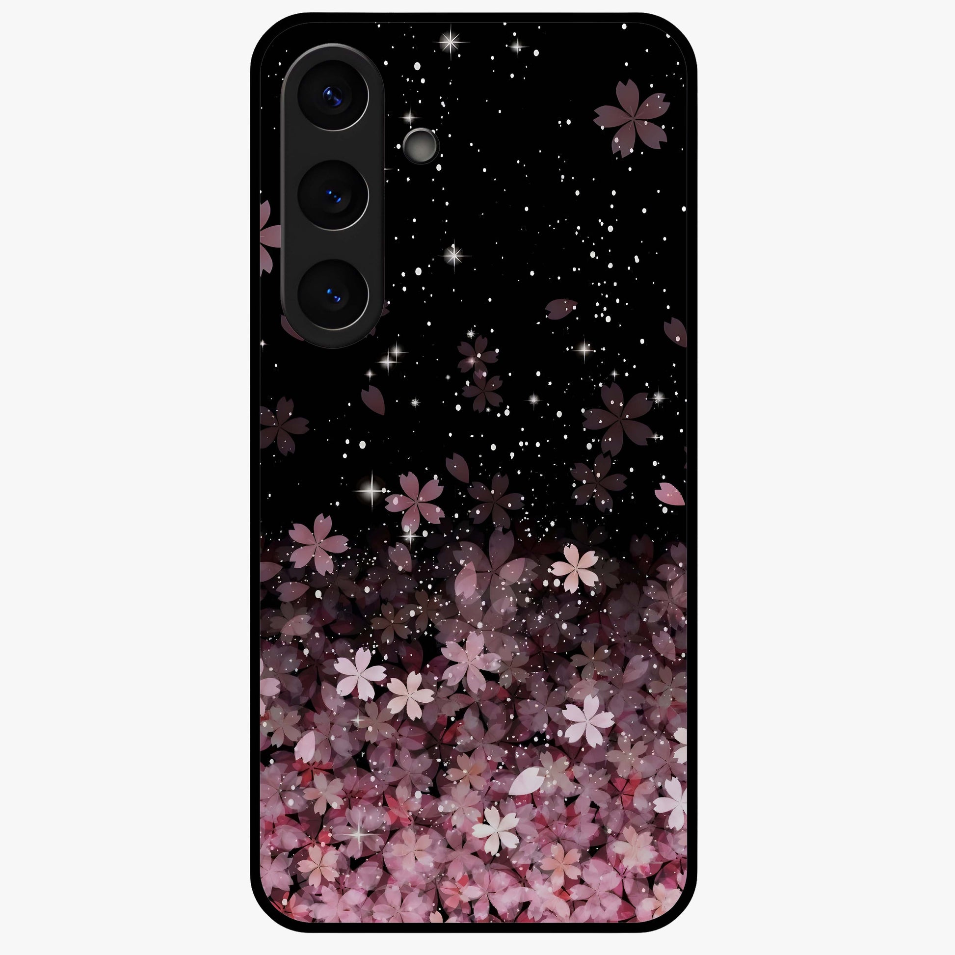 Small Starry Flowers Glass Case showing flat back view with delicate starry floral artwork and glossy glass finish.