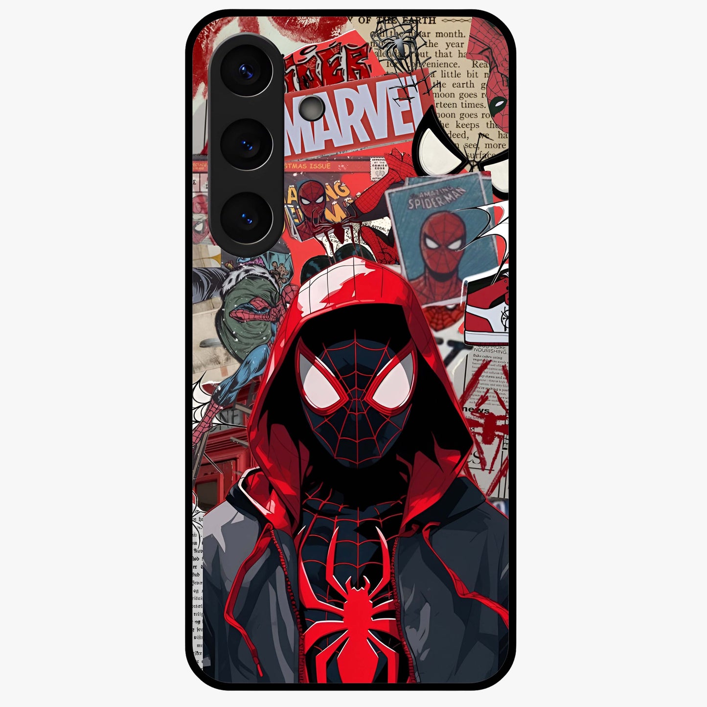 Spider Collage Street Glass Case showing flat back view with vibrant superhero collage artwork and glossy glass finish.