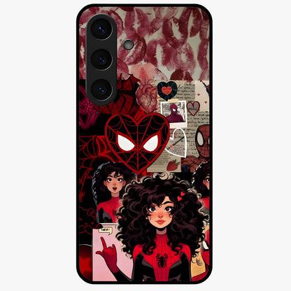 Spider Love Story Glass Case showing flat back view with romantic superhero themed artwork and glossy glass finish.