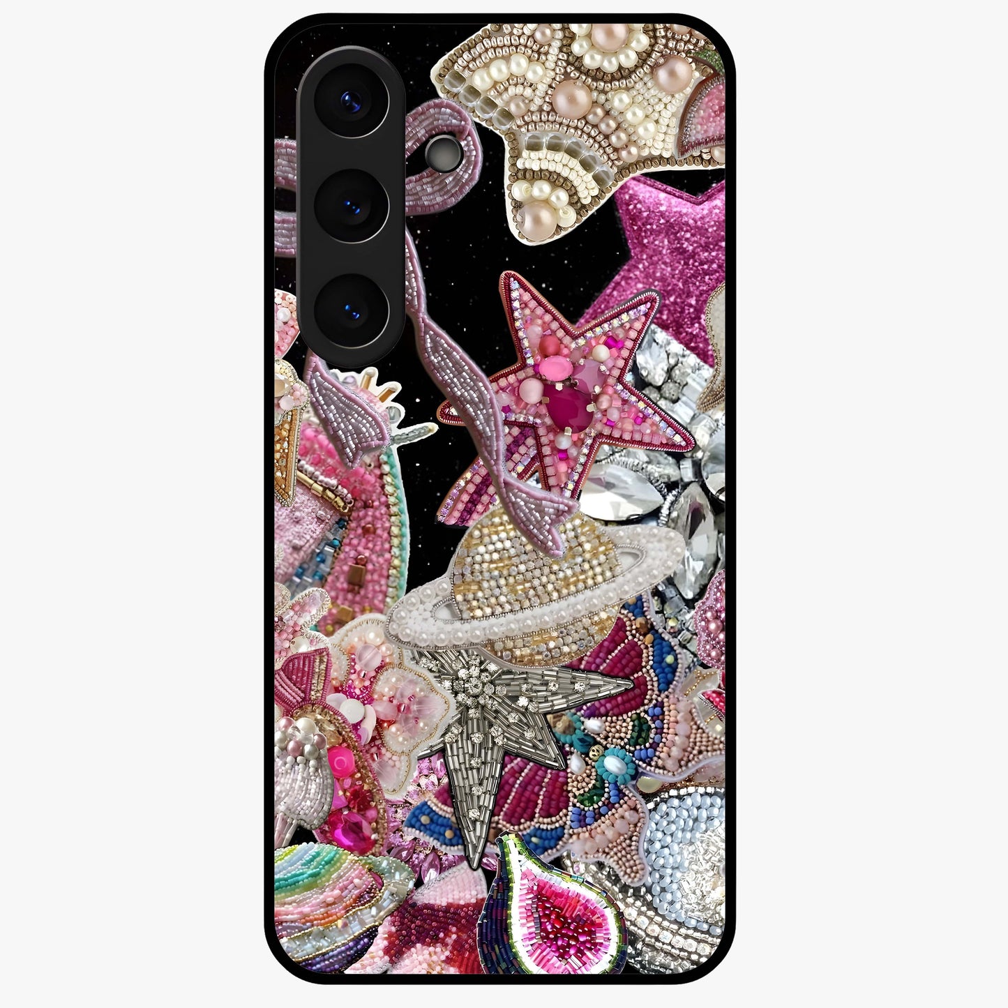 Starlit Jewel Dream Glass Case showing flat back view with sparkling jewel and star themed artwork and glossy glass finish.