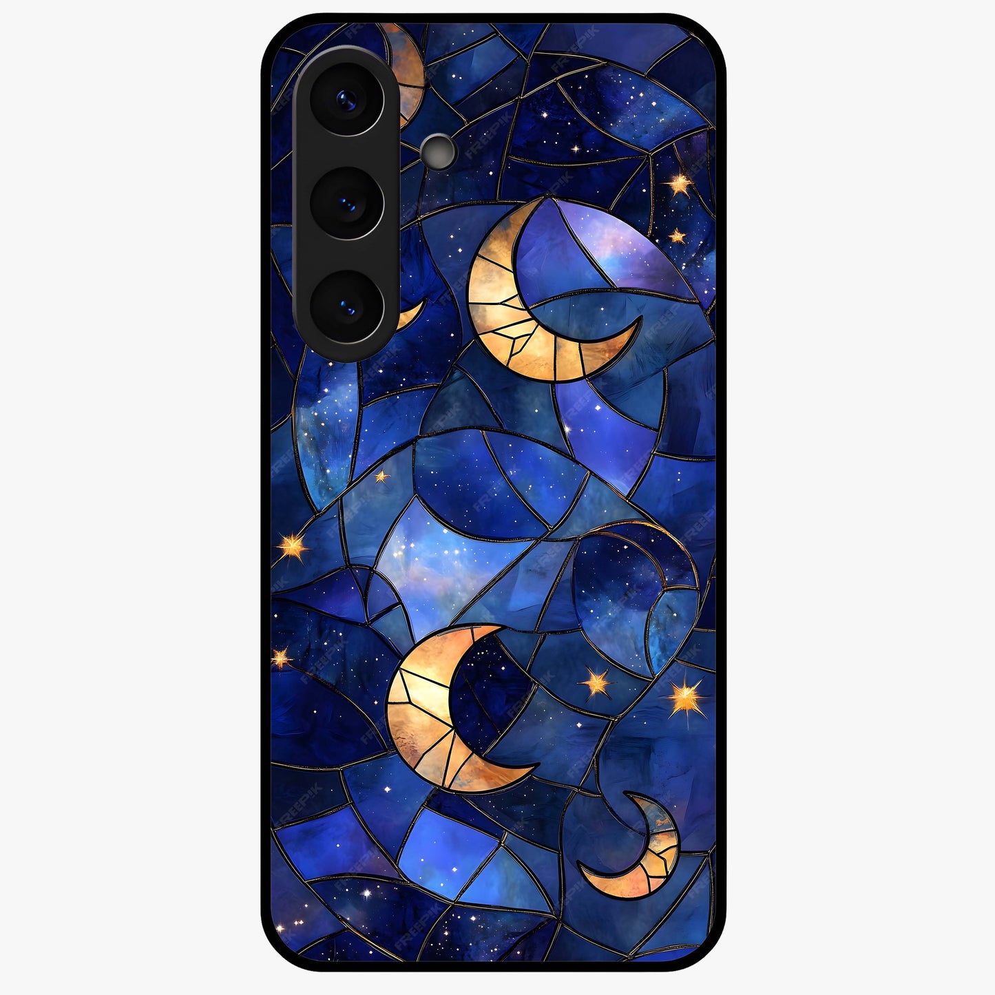 Starlit Sky Tapestry Glass Case showing flat back view with decorative starry sky tapestry artwork and glossy glass finish.