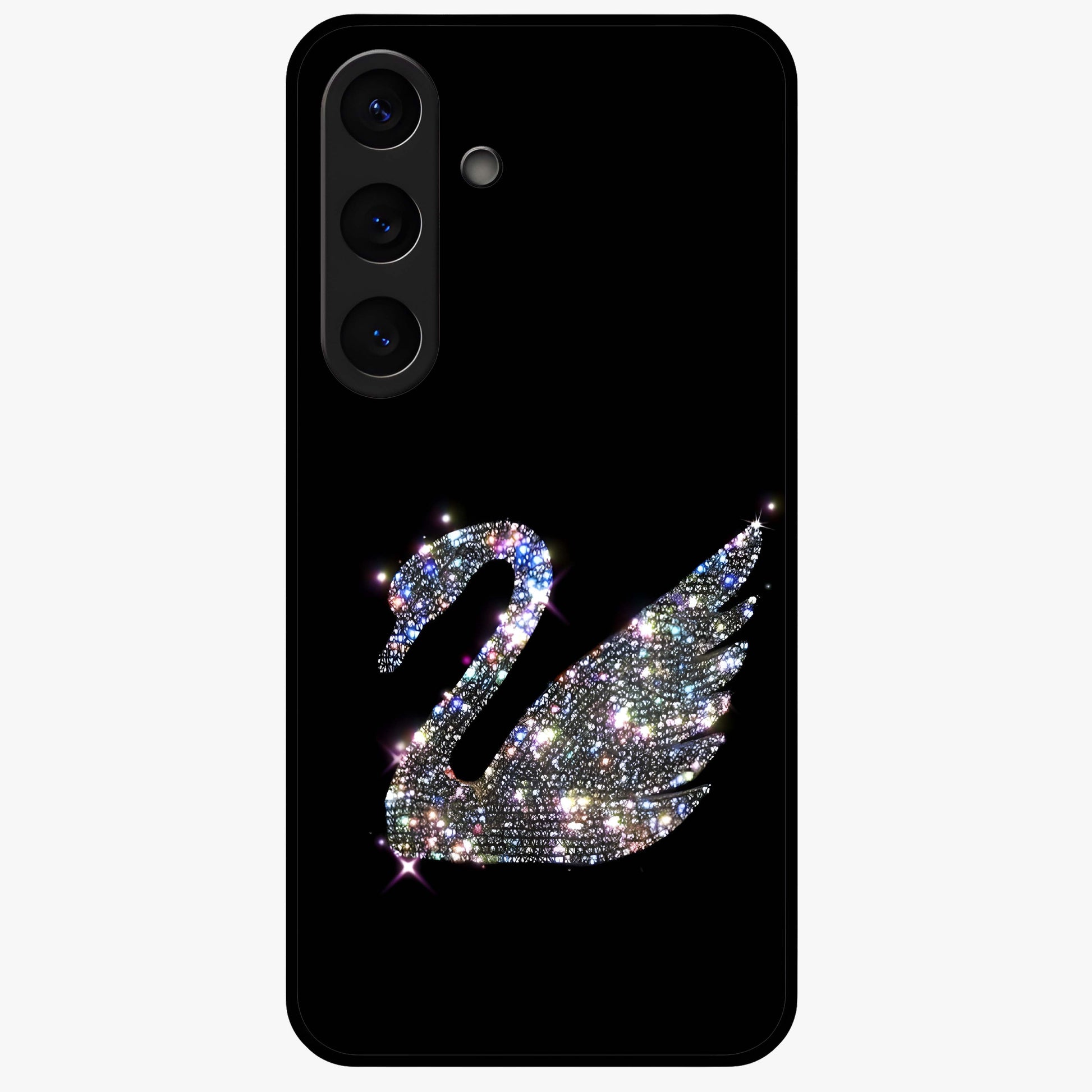 Starlit Swan Grace Glass Case showing flat back view with graceful swan artwork under starry sky and glossy glass finish.