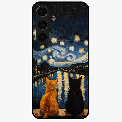 Starry River Cats Glass Case showing flat back view with cats by a starry river artwork and glossy glass finish.