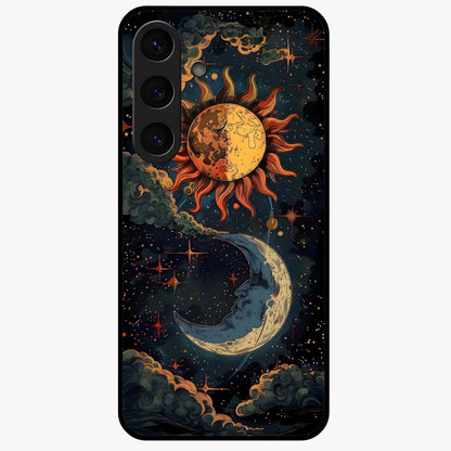 Sun And Moon Magic Design Glass Case showing flat back view with mystical sun and moon artwork and glossy glass finish.