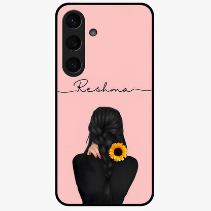 Sunflower Braid Beauty With Custom Name Glass Case showing flat back view with sunflower braid artwork and personalized name design.