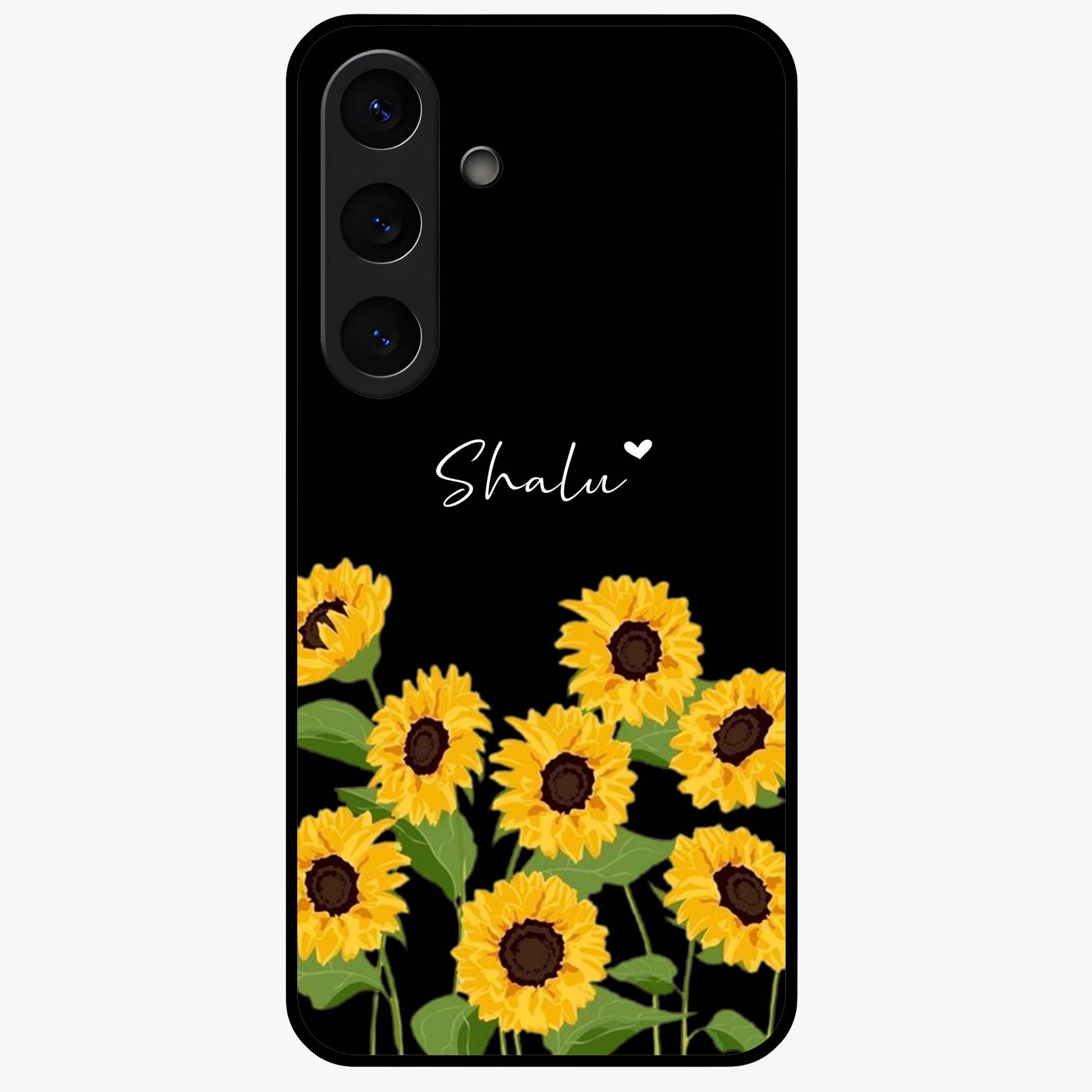 Sunflower Chic Mood Custom Name Glass Case showing flat back view with stylish sunflower artwork and personalized name design.
