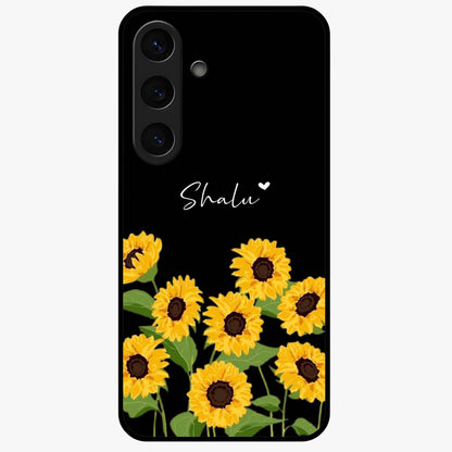 Sunflower Chic Mood Custom Name Glass Case showing flat back view with stylish sunflower artwork and personalized name design.