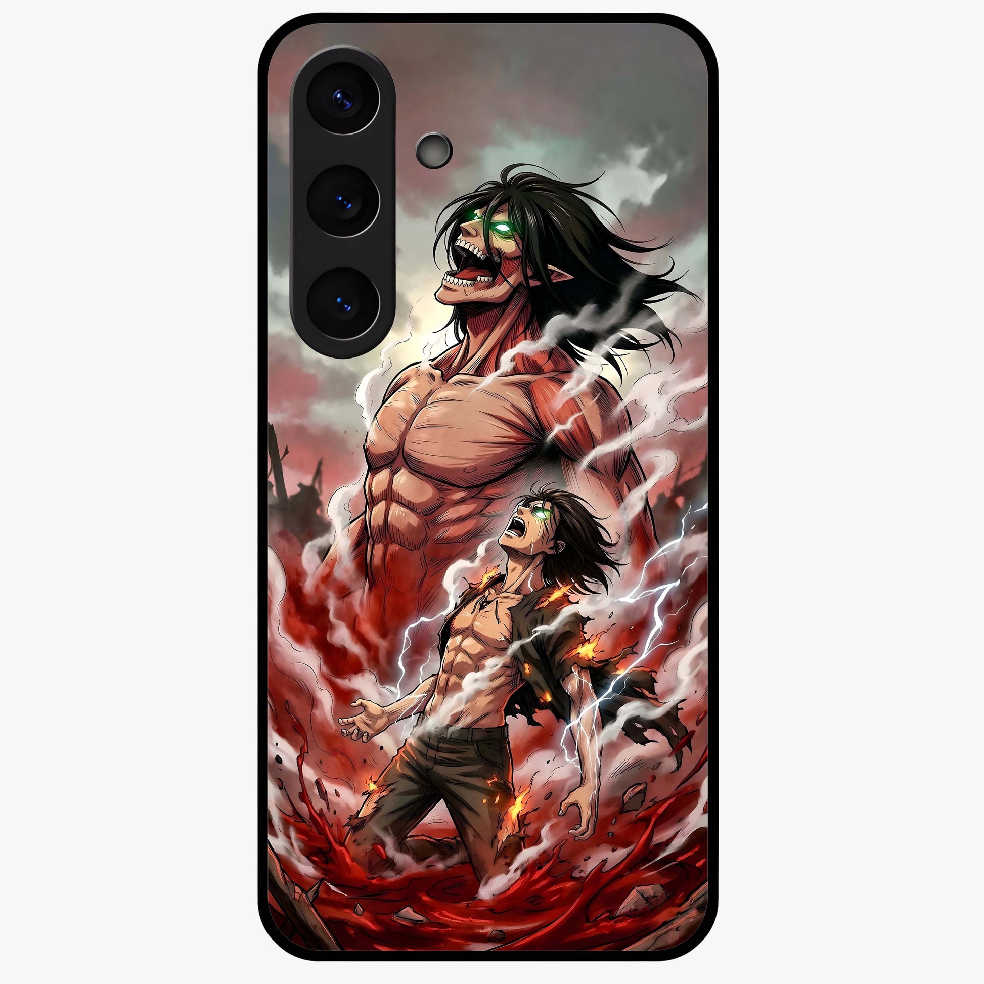 Titan Awakening Fury Glass Case showing flat back view with powerful titan inspired artwork and glossy glass finish.