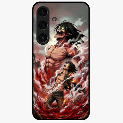 Titan Awakening Fury Glass Case showing flat back view with powerful titan inspired artwork and glossy glass finish.