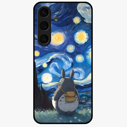 Totoro In Van Gogh Art Glass Case showing flat back view with whimsical character artwork inspired by Van Gogh style and glossy glass finish.