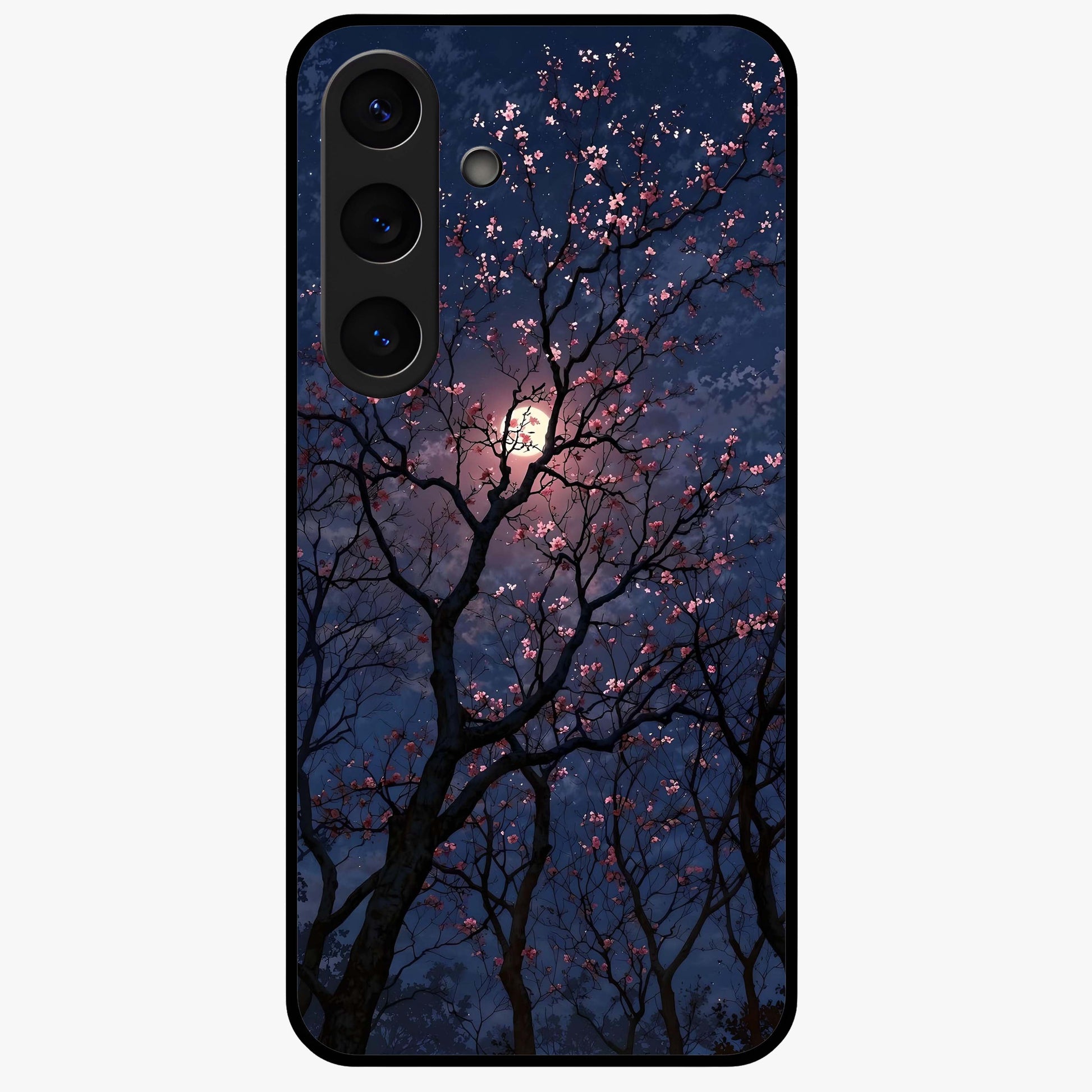 Twilight Sakura Serenade Glass Case showing flat back view with cherry blossom artwork at twilight and glossy glass finish.