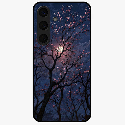 Twilight Sakura Serenade Glass Case showing flat back view with cherry blossom artwork at twilight and glossy glass finish.