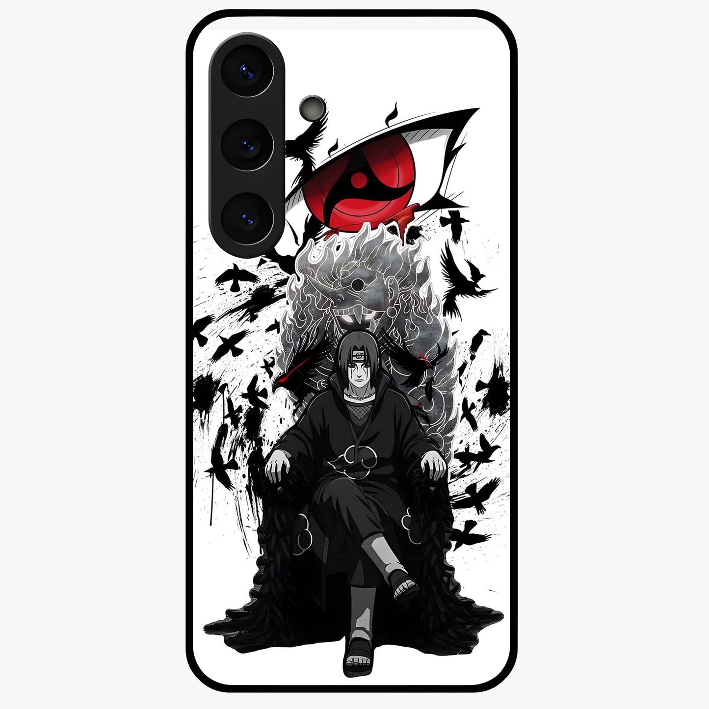 Uchiha Shadow Throne Glass Case showing flat back view with cosmic underwater themed artwork and glossy glass finish.