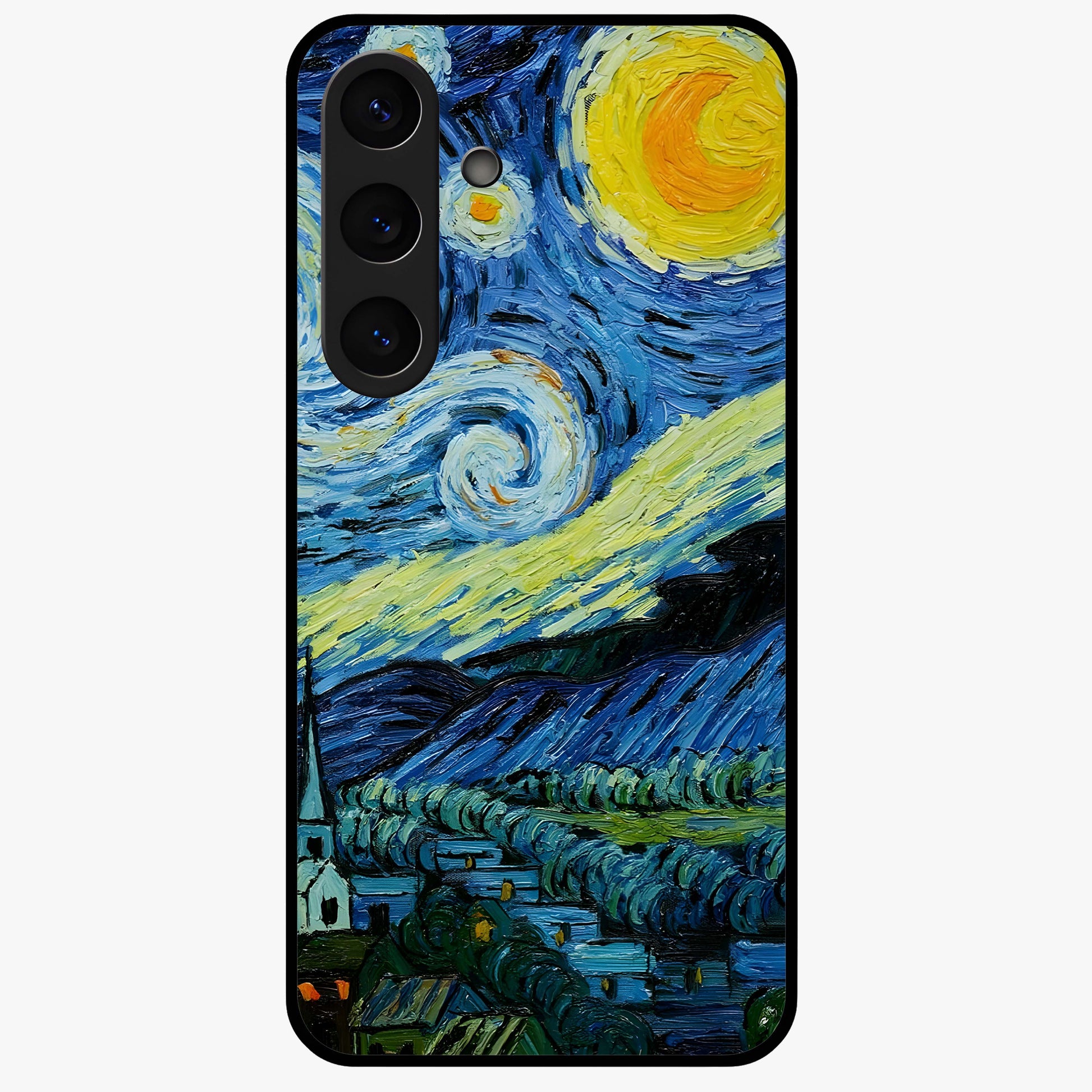 Van Gogh Art Glass Case showing flat back view with classic painterly artwork inspired by Van Gogh style and glossy glass finish.
