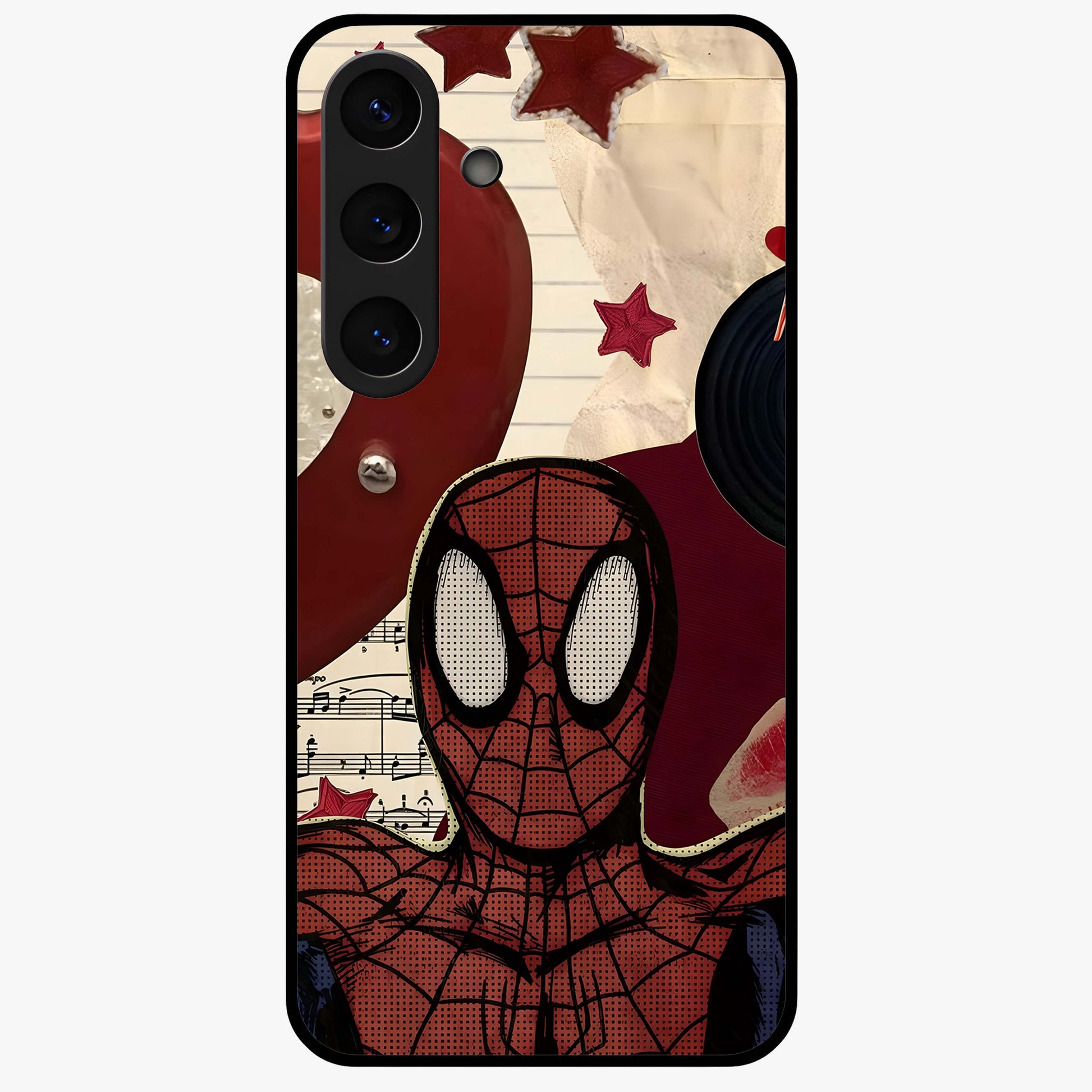 Web Warrior Vibes Glass Case showing flat back view with superhero inspired web themed artwork and glossy glass finish.