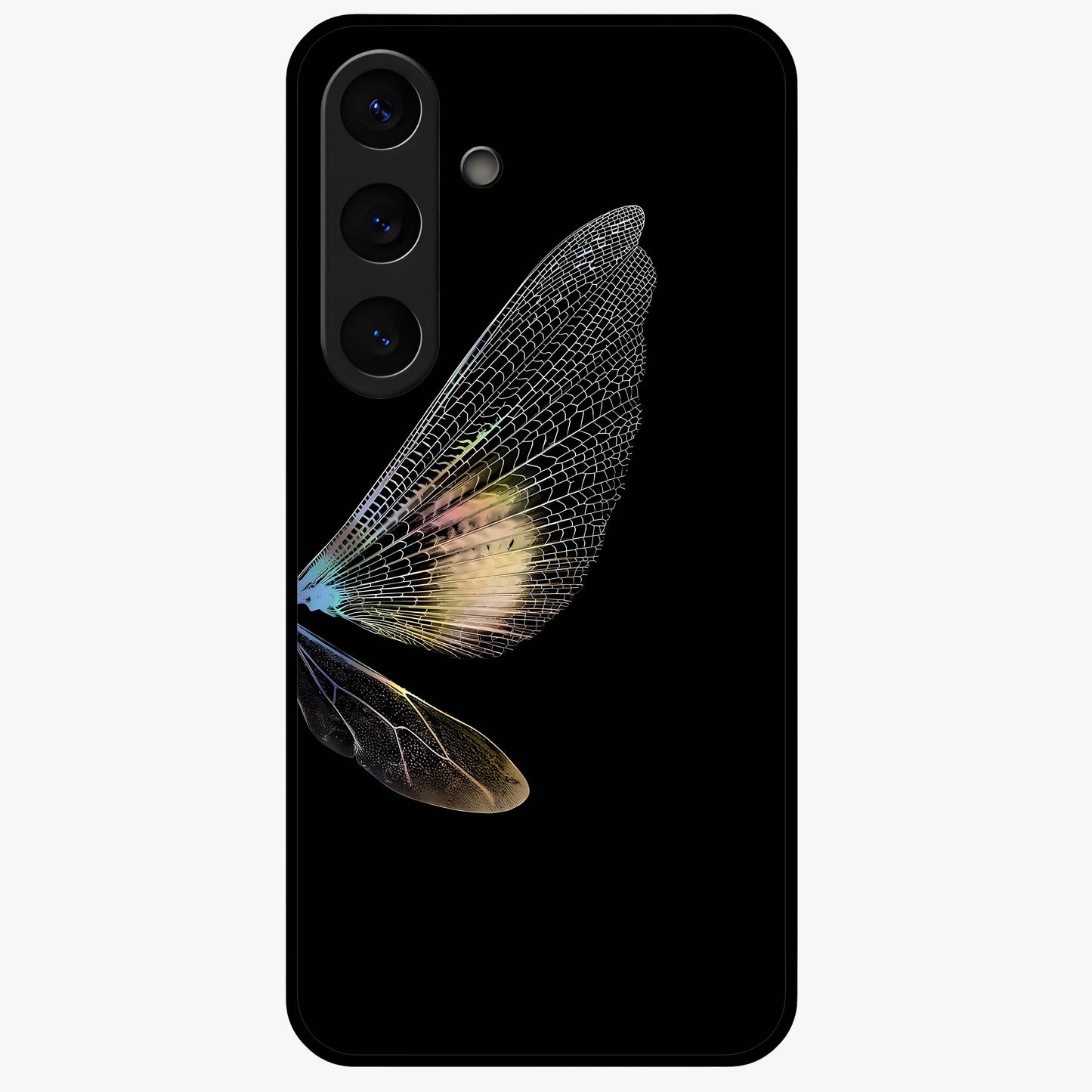 Whispers Of Wings Glass Case showing flat back view with graceful wing inspired artwork and glossy glass finish.