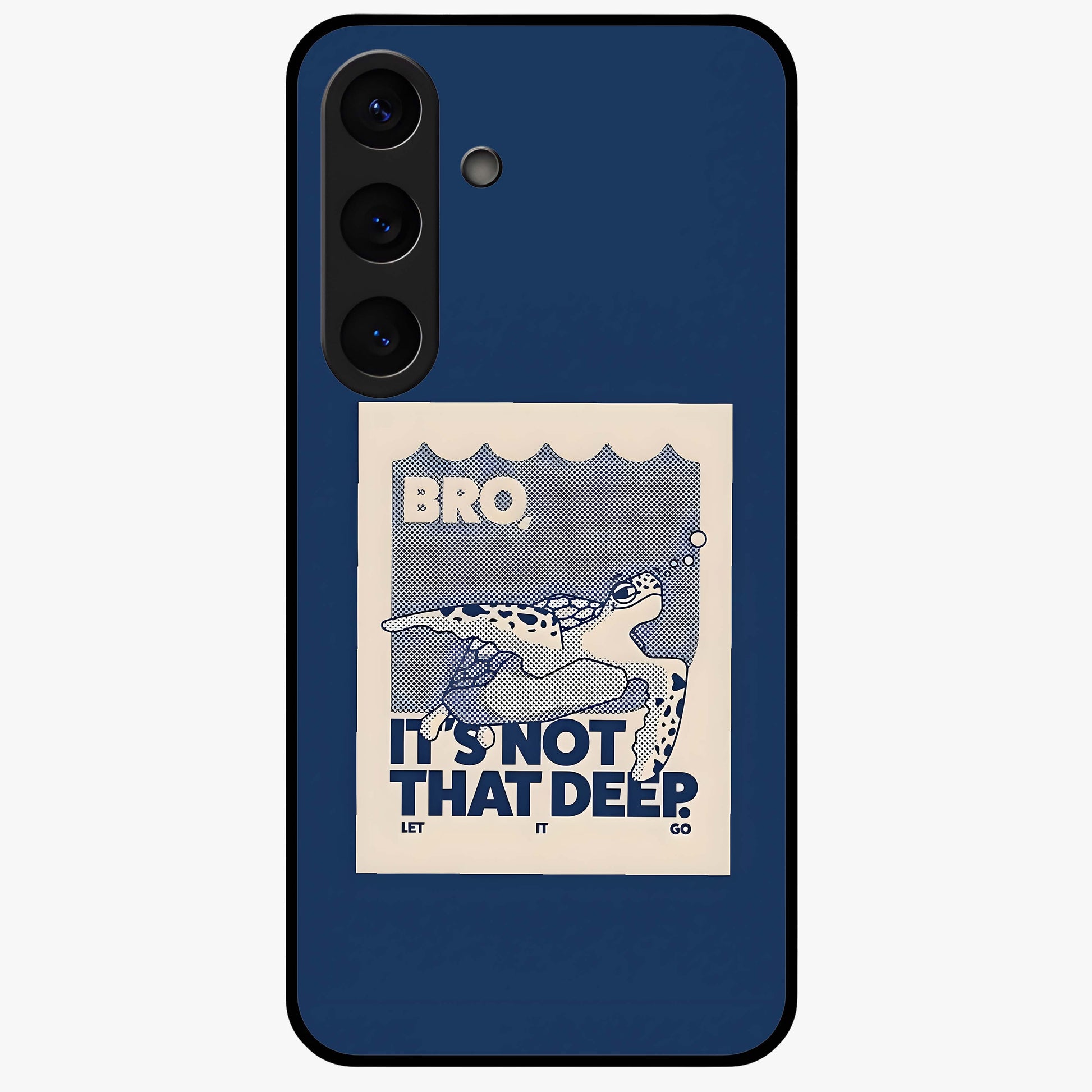 Worry Less Swim Glass Case showing flat back view with playful motivational artwork and glossy glass finish.