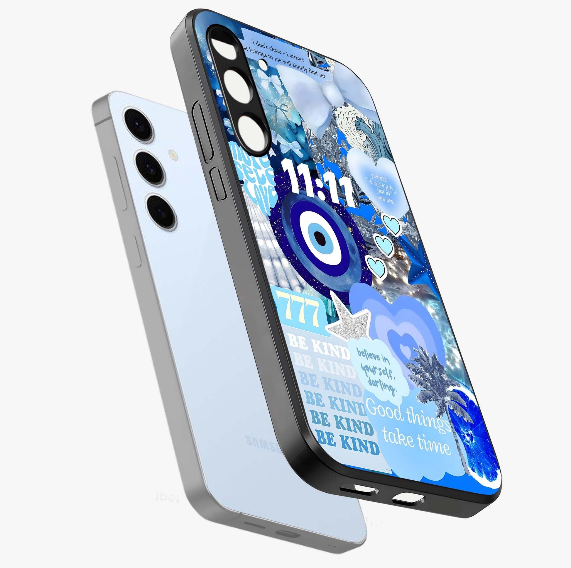Aesthetic Be Kind Eye Glass Case displayed in angled mockup highlighting aesthetic eye design and inspirational vibe.