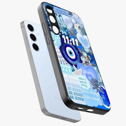 Aesthetic Be Kind Eye Glass Case displayed in angled mockup highlighting aesthetic eye design and inspirational vibe.