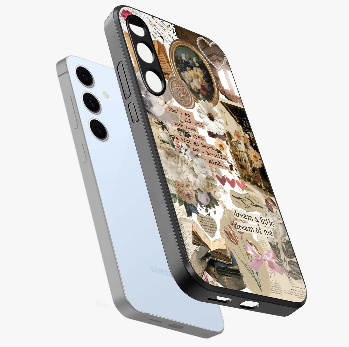 Aesthetic Brown Vintage Collage Glass Case displayed in angled mockup highlighting vintage aesthetic collage design.