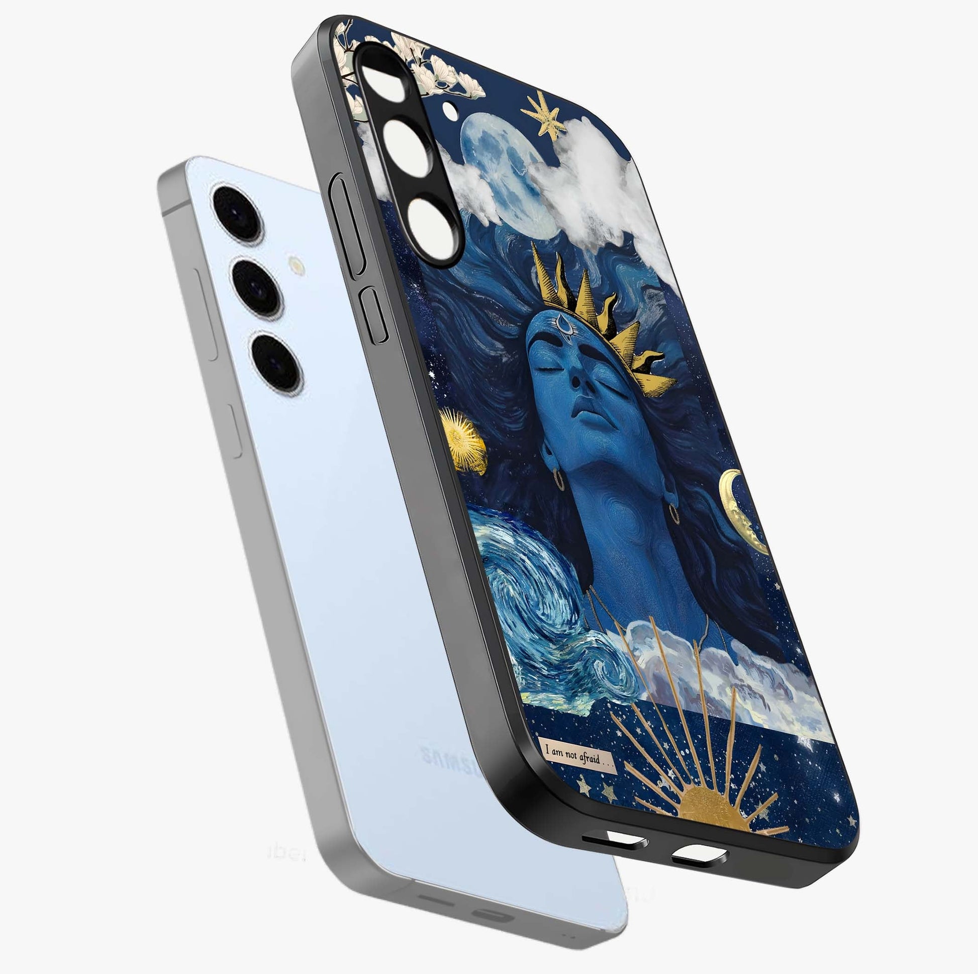 Aesthetic Lord Shiva Glass Case displayed in angled mockup highlighting spiritual Shiva illustration and sacred aesthetic design.