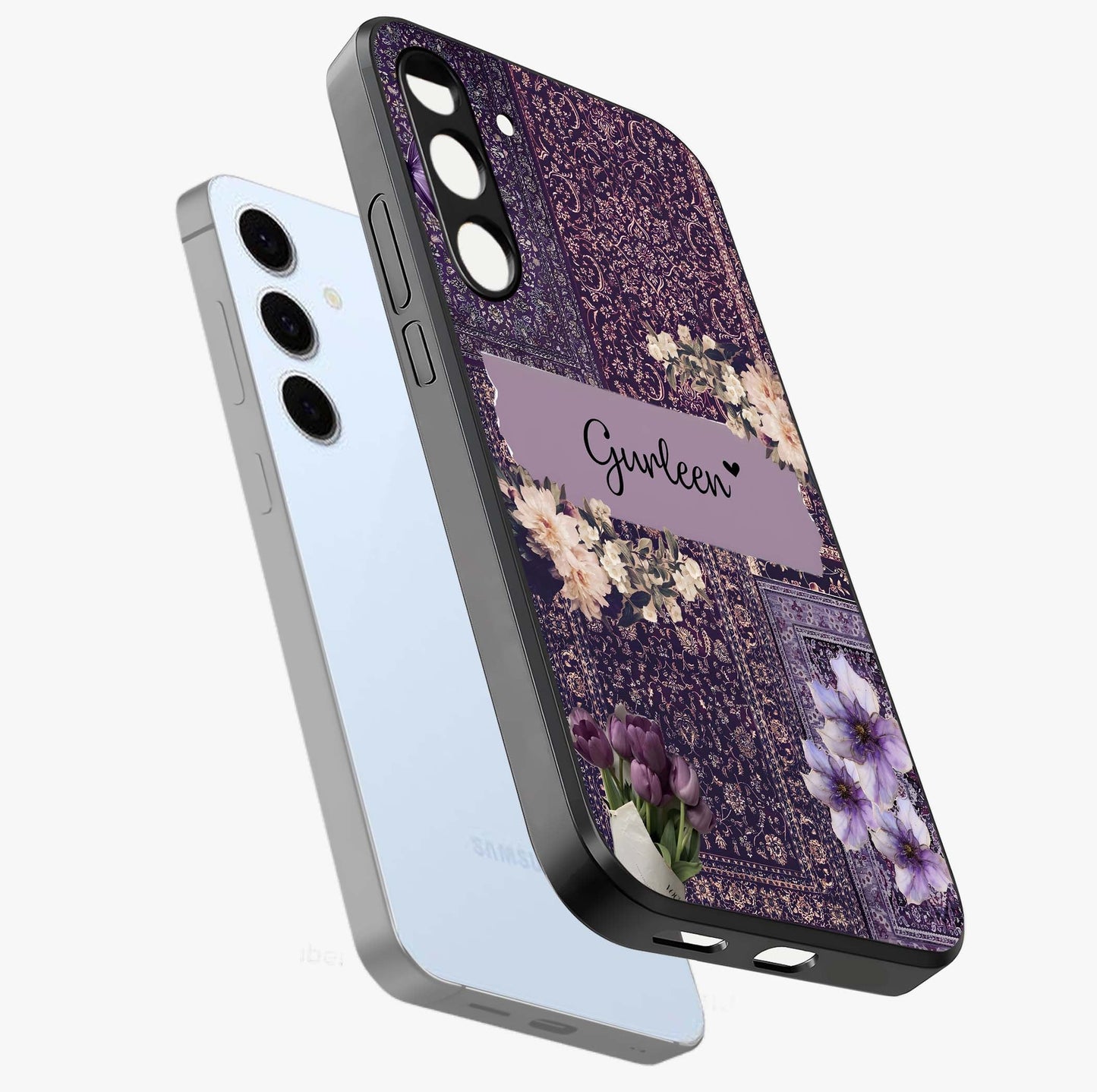 Antique Floral Whisper Custom Name Glass Case displayed in angled mockup highlighting elegant antique floral aesthetic.
