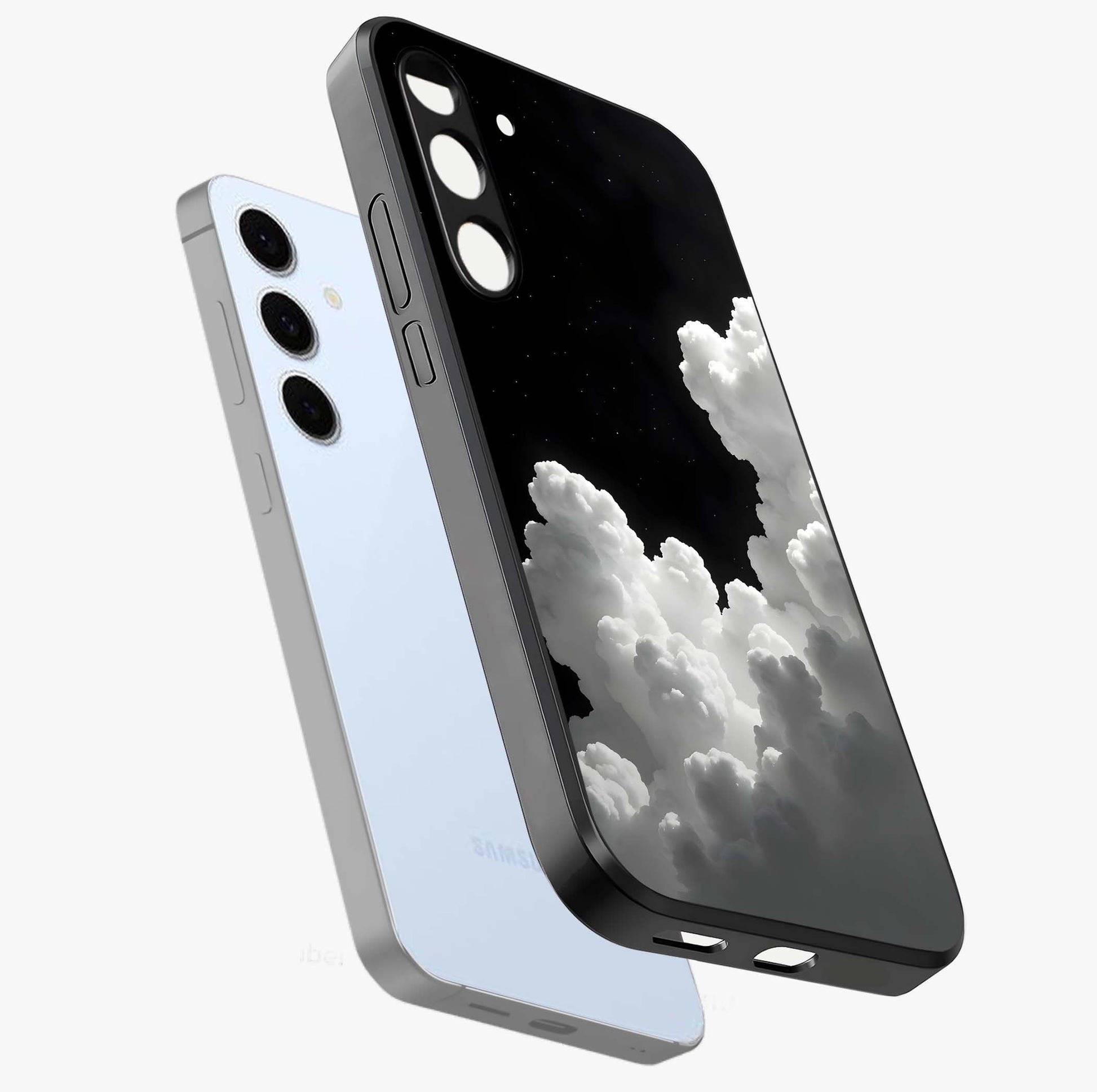 Black Background With White Cloud Glass Case displayed in angled mockup highlighting soft white cloud illustration and minimal design.