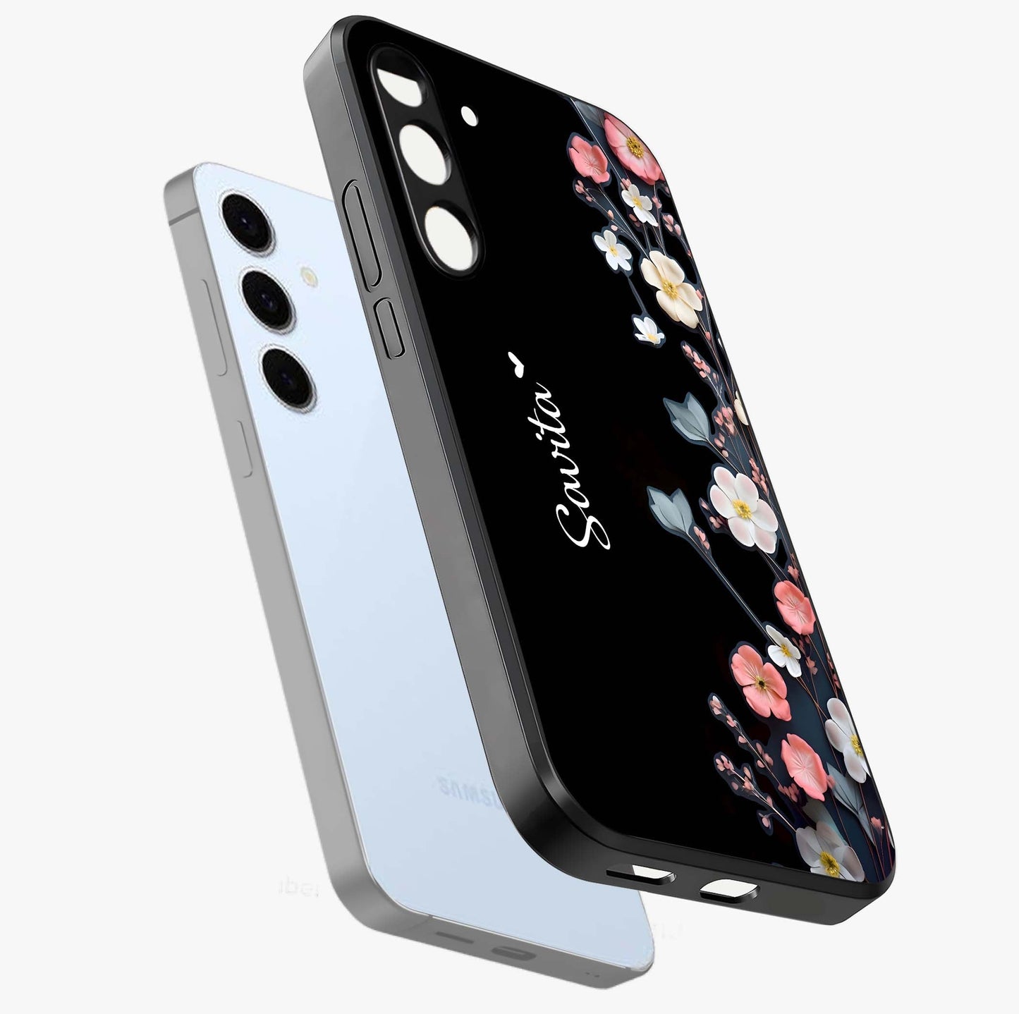 Black Elegance Floral Custom Name Glass Case displayed in angled mockup highlighting dark floral aesthetic and custom name feature.