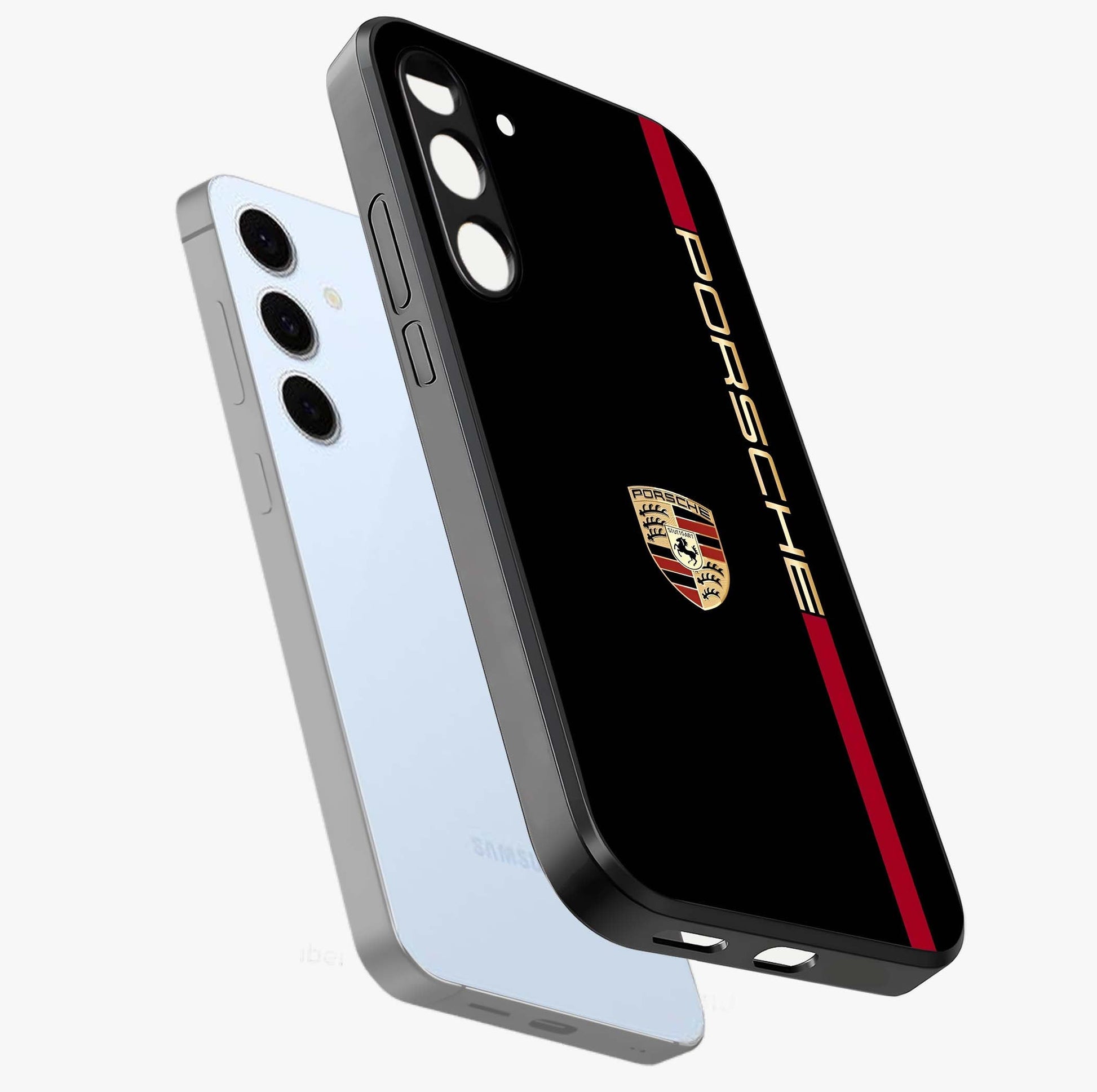 Black Minimal Porsche Glass Case displayed in angled mockup highlighting modern minimal car illustration and clean aesthetic design.