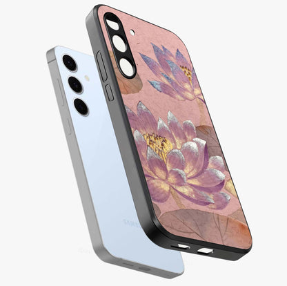 Blossom Mist Lotus Glass Case displayed in angled mockup highlighting delicate lotus illustration with calm aesthetic theme.