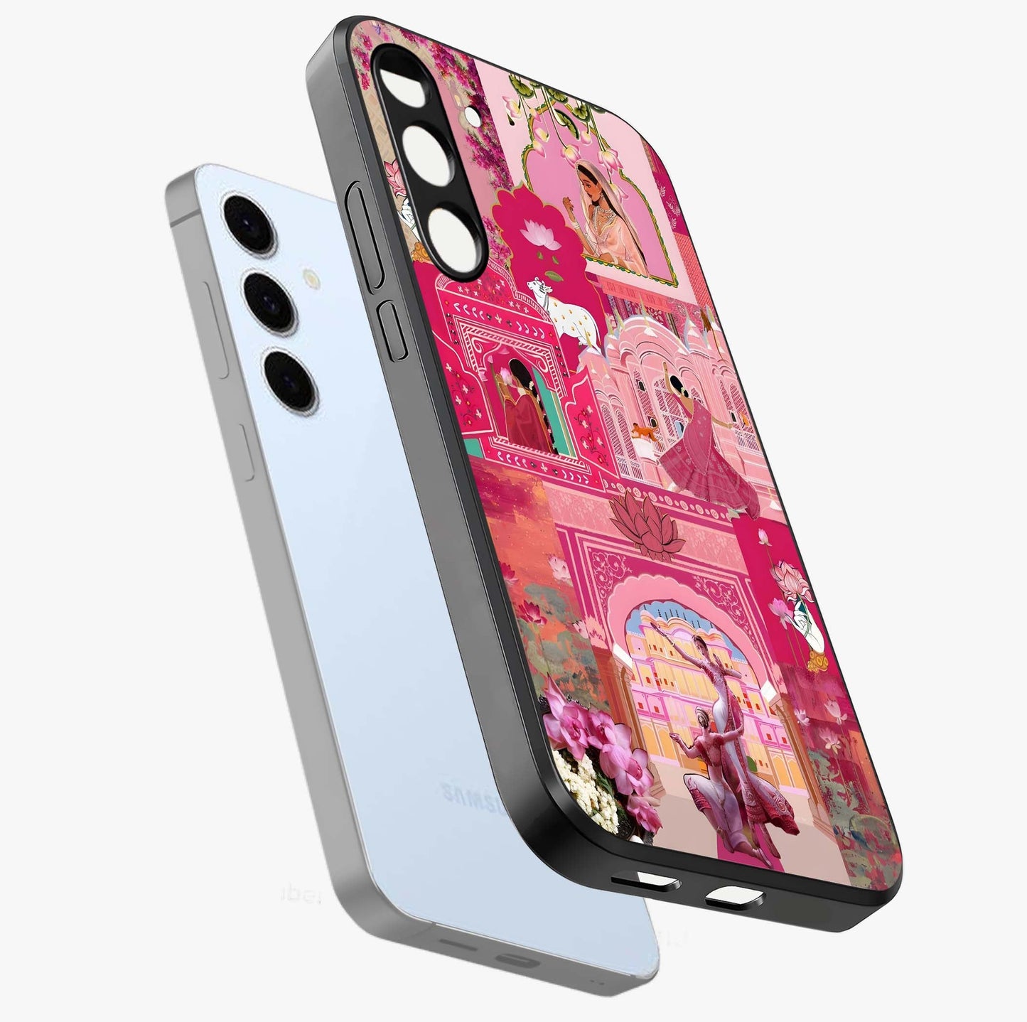 Blossoms of Rajasthan Glass Case displayed in angled mockup highlighting vibrant floral pattern with cultural aesthetic style.