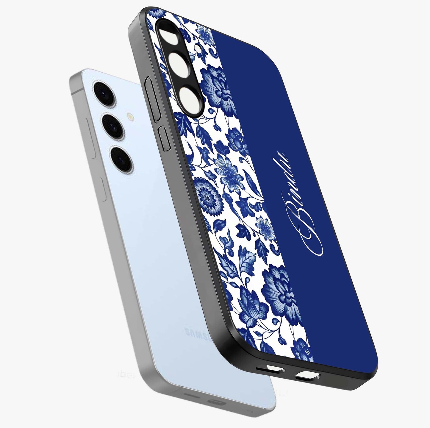 Blue Vintage Floral Pattern Glass Case displayed in angled mockup highlighting subtle bloom pattern with aesthetic pastel design.