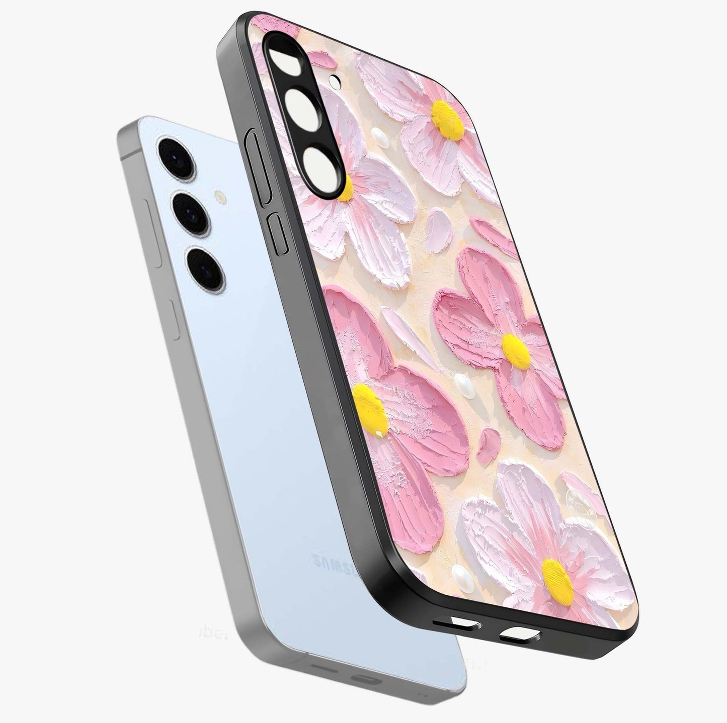Blush Bloom Texture Glass Case displayed in angled mockup highlighting subtle bloom pattern with aesthetic pastel design.