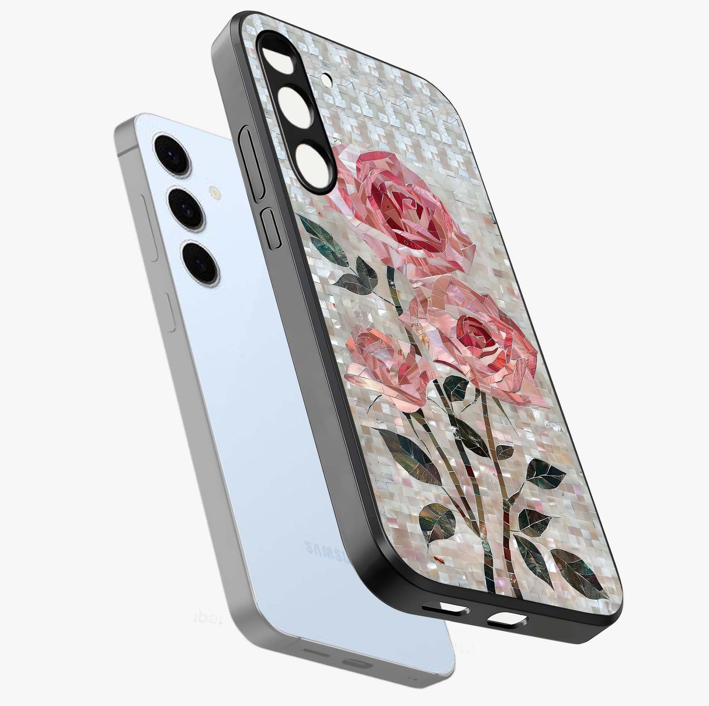 Blush Mosaic Bloom Glass Case displayed in angled mockup highlighting artistic mosaic flower pattern with aesthetic design.