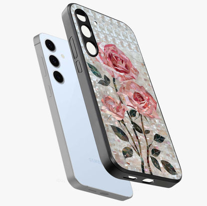 Blush Mosaic Bloom Glass Case displayed in angled mockup highlighting artistic mosaic flower pattern with aesthetic design.