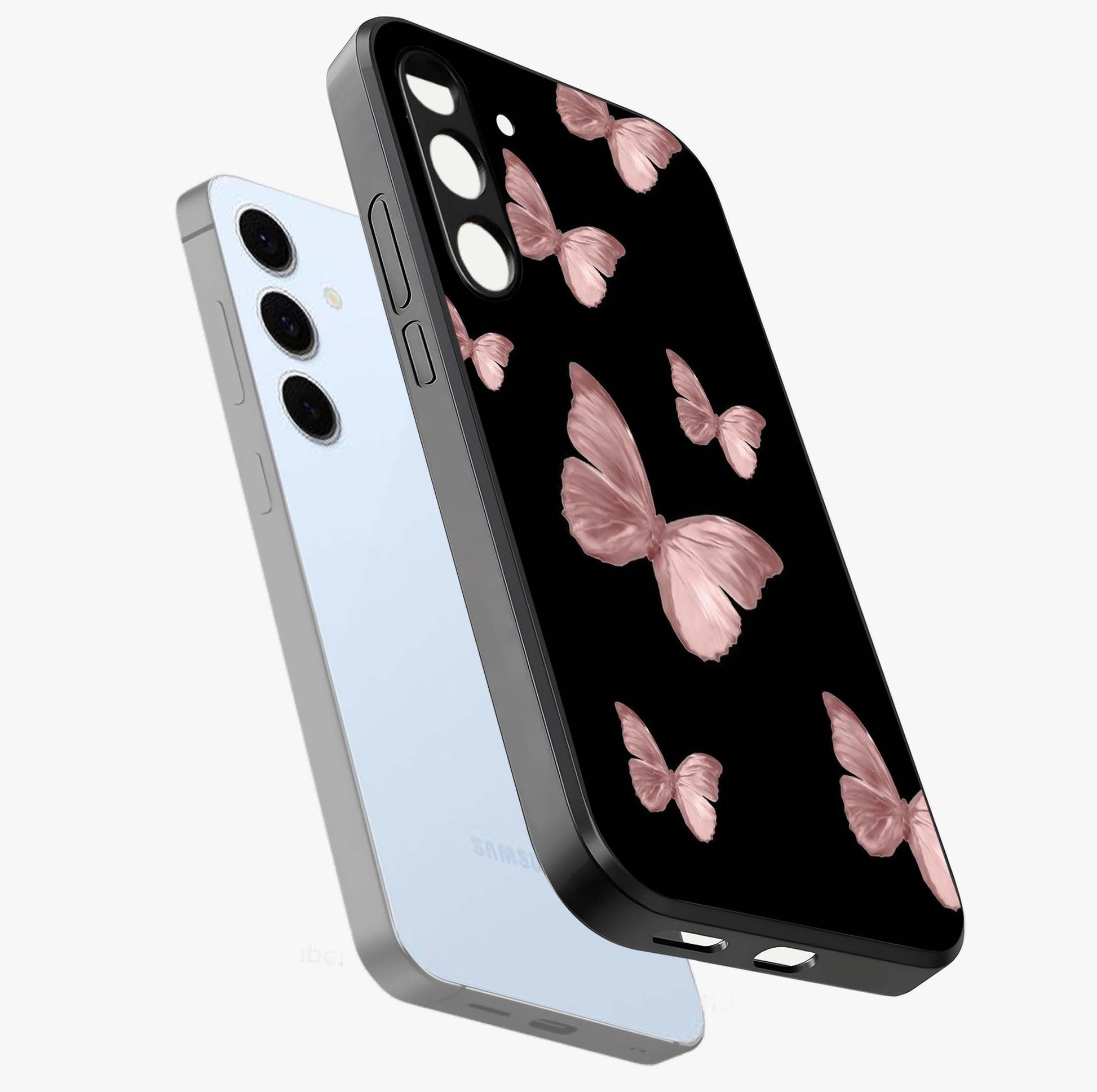 Butterfly Pattern Glass Case displayed in angled mockup highlighting delicate butterfly design and aesthetic pattern style.