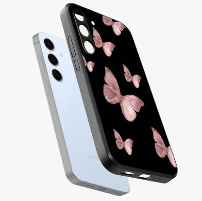 Butterfly Pattern Glass Case displayed in angled mockup highlighting delicate butterfly design and aesthetic pattern style.