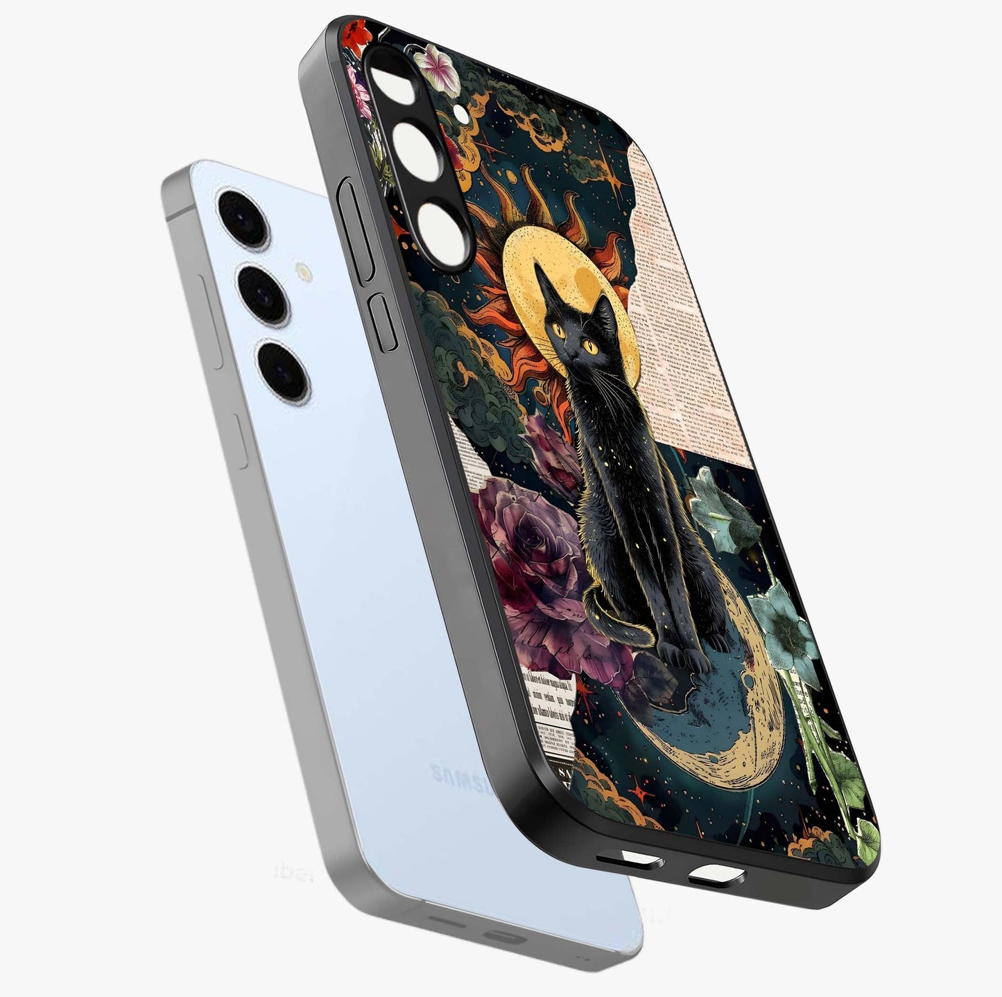 Celestial Black Cat Glass Case displayed in angled mockup highlighting cosmic black cat design with celestial aesthetic.