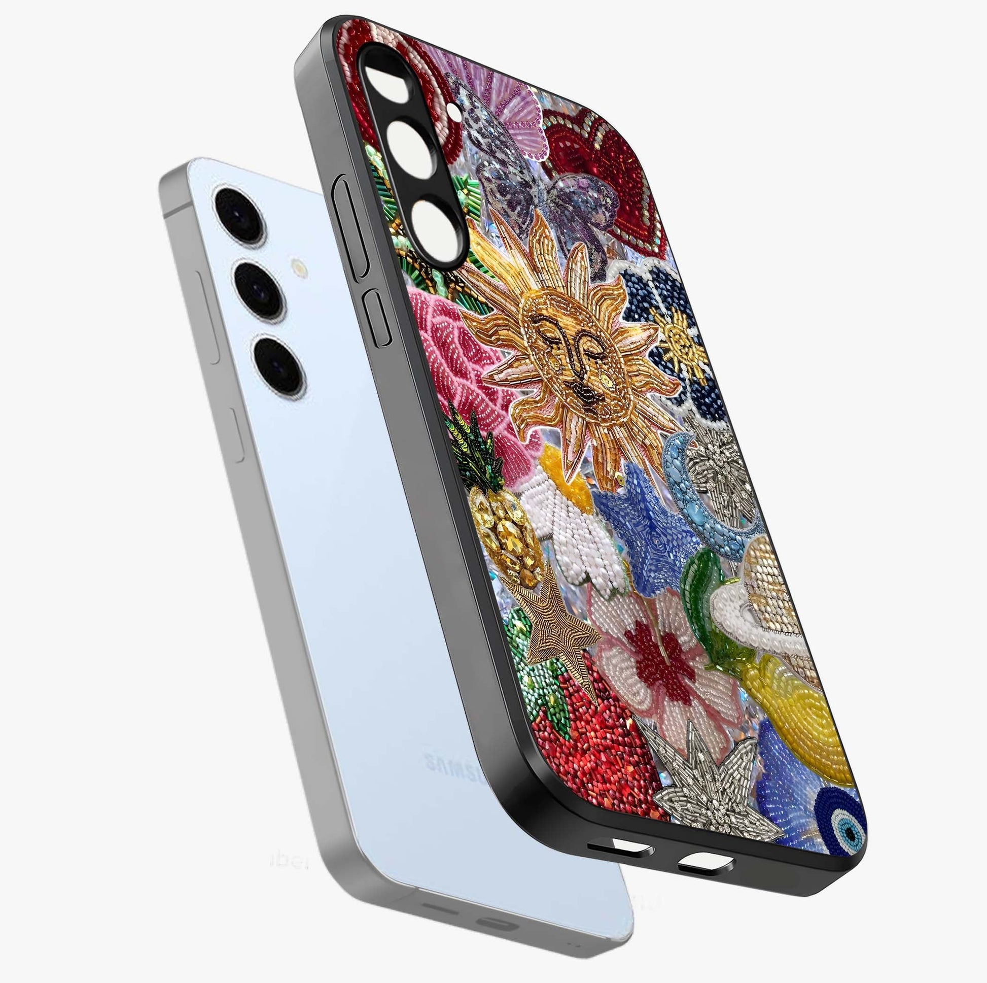 Celestial Floral and Playful Glass Case displayed in angled mockup highlighting playful floral design with dreamy celestial elements.