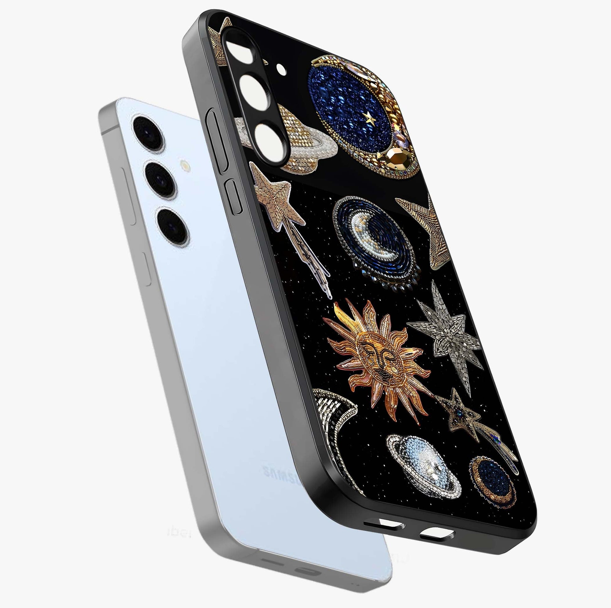 Celestial Gem Constellations Glass Case displayed in angled mockup highlighting gemstone inspired constellation design.