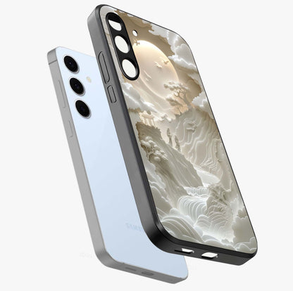 Celestial Origami Glass Case displayed in angled mockup highlighting geometric origami design with cosmic aesthetic theme.