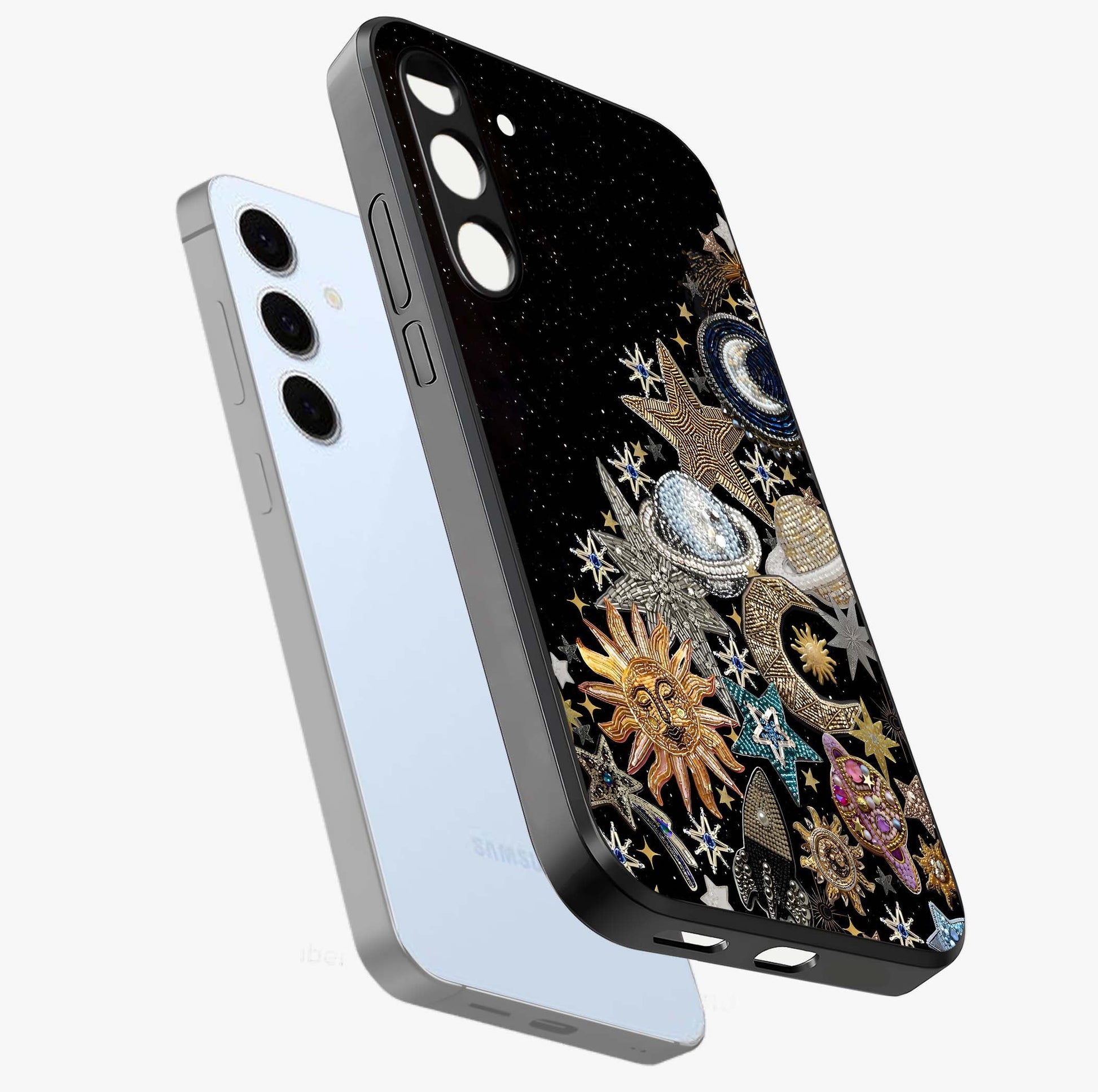 Cosmic Sparkle Dreams Glass Case displayed in angled mockup highlighting dreamy star sparkle design with celestial aesthetic.