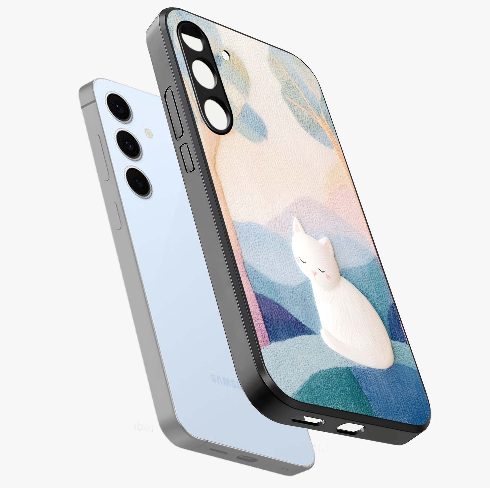 Cotton Dream Cat Glass Case displayed in angled mockup highlighting cute feline illustration with pastel aesthetic style.